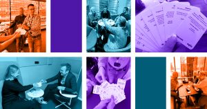 Multiple colorized photos of people playing the Scrum Master Card Game