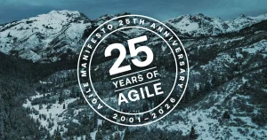 25th Anniversary of the Agile Manifesto badge overlayed onto a photo of the snowy mountains at Snowbird, Utah