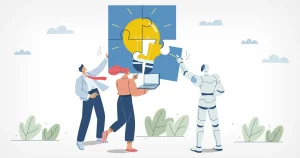 AI, Automation, and Human Collaboration. Two people completing a puzzle with an android